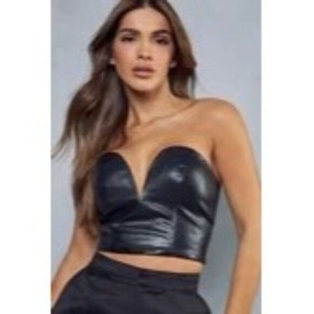 Micas Fierce Black Vegan Leather Strapless Bustier Crop Top Size Small‎